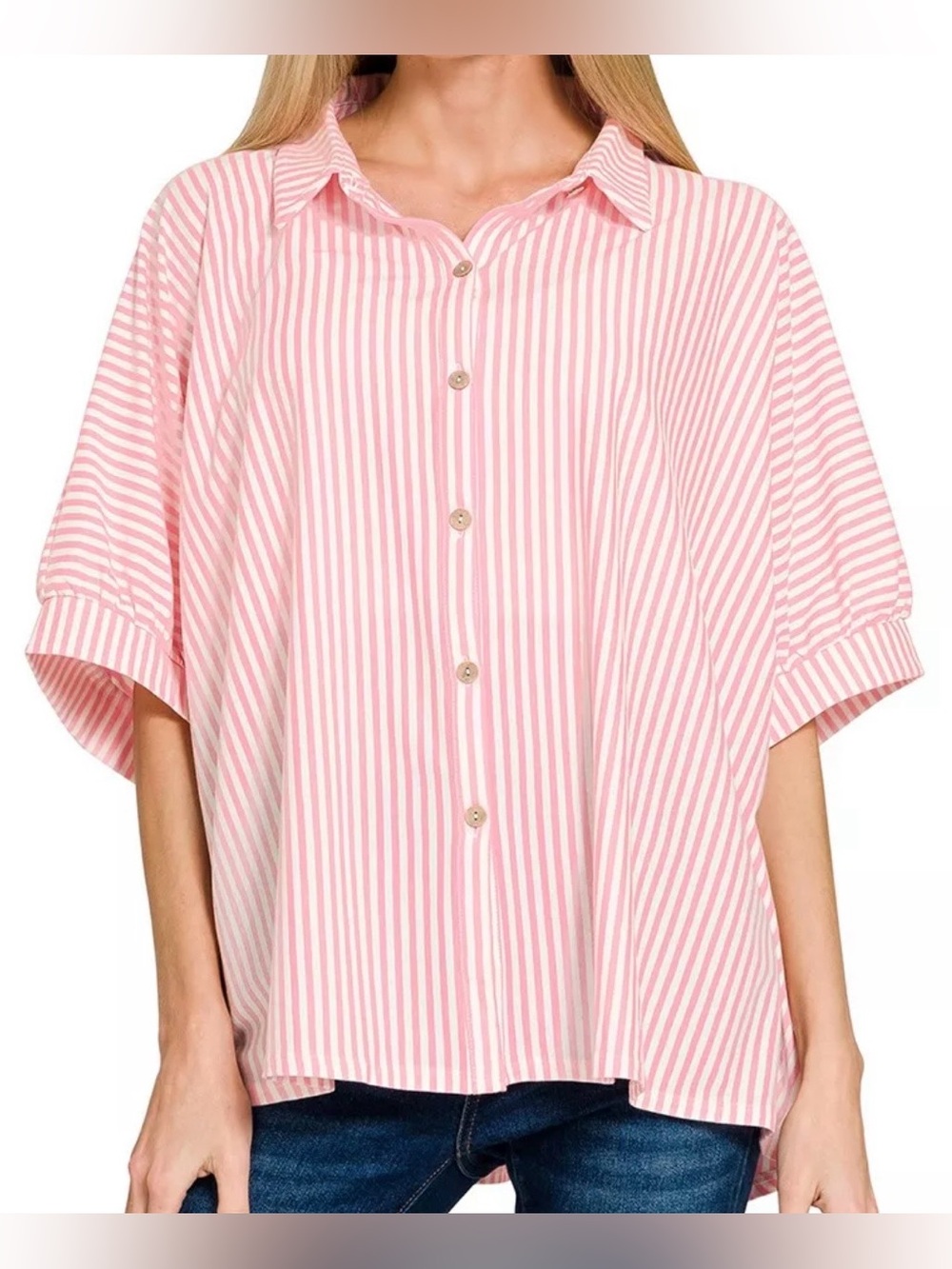Zenana Oversized Stripe Button Down Shirt